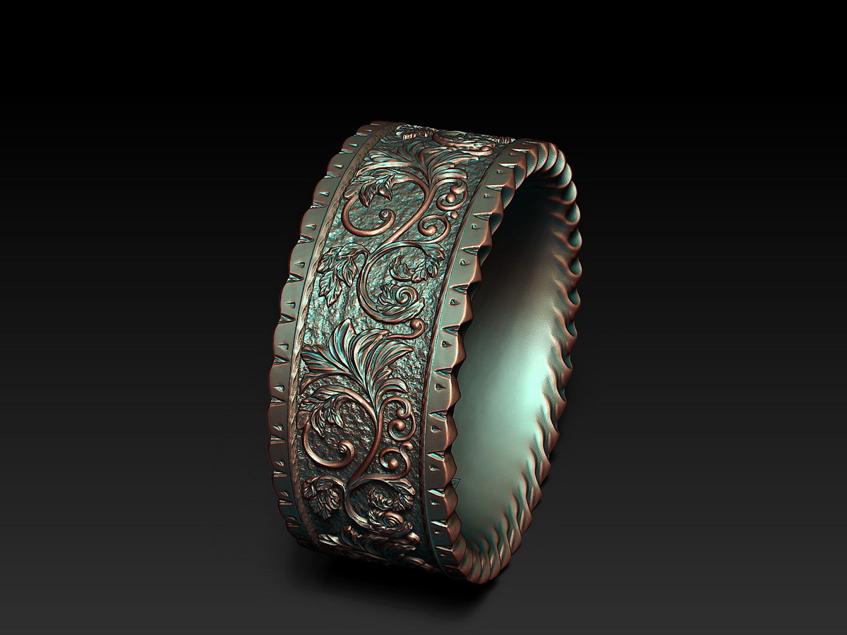 Angled view of the Floral Ring showing the deeply engraved floral ornament and raised sculptural border